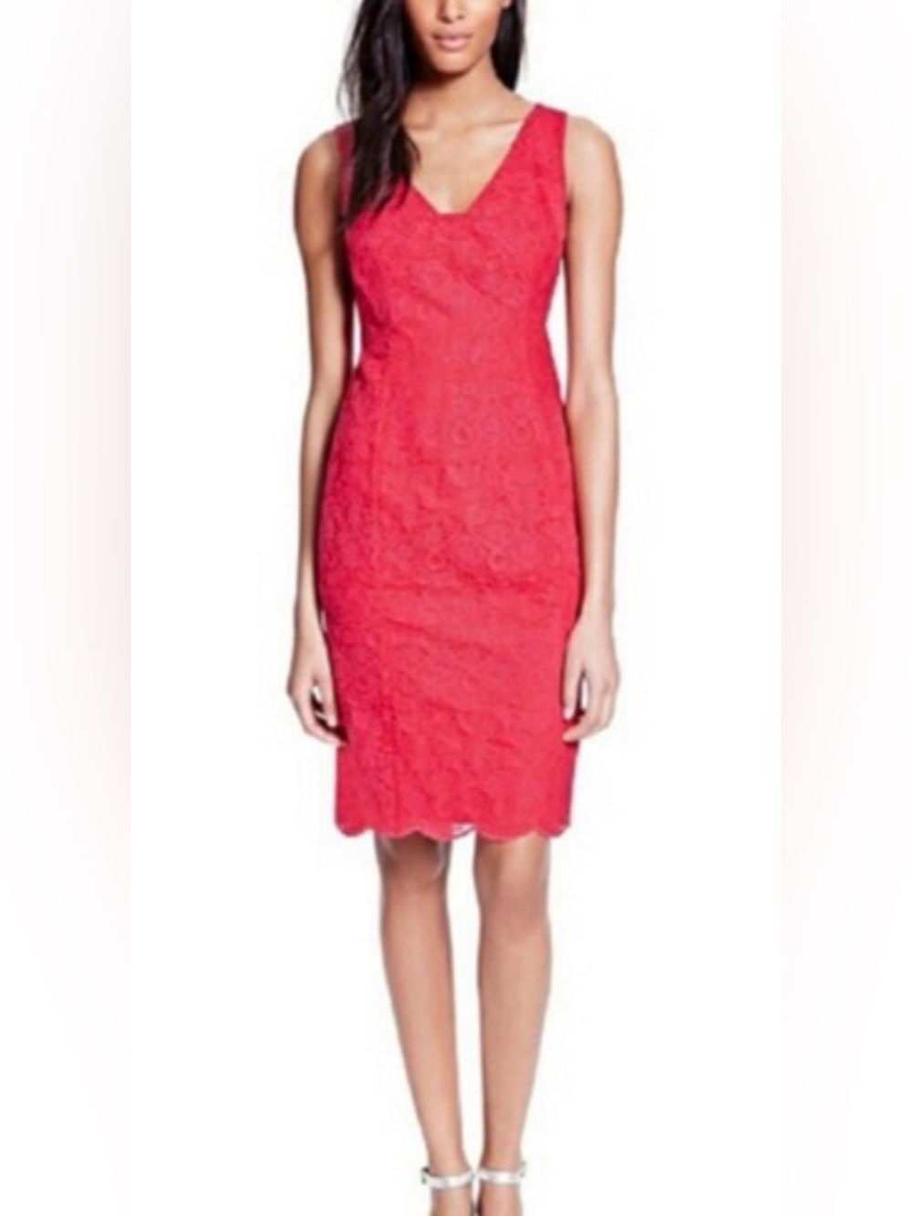 Tory Burch Sleeveless Cameron Lace V Neck Dress Red Size 10 Designer Knee Length